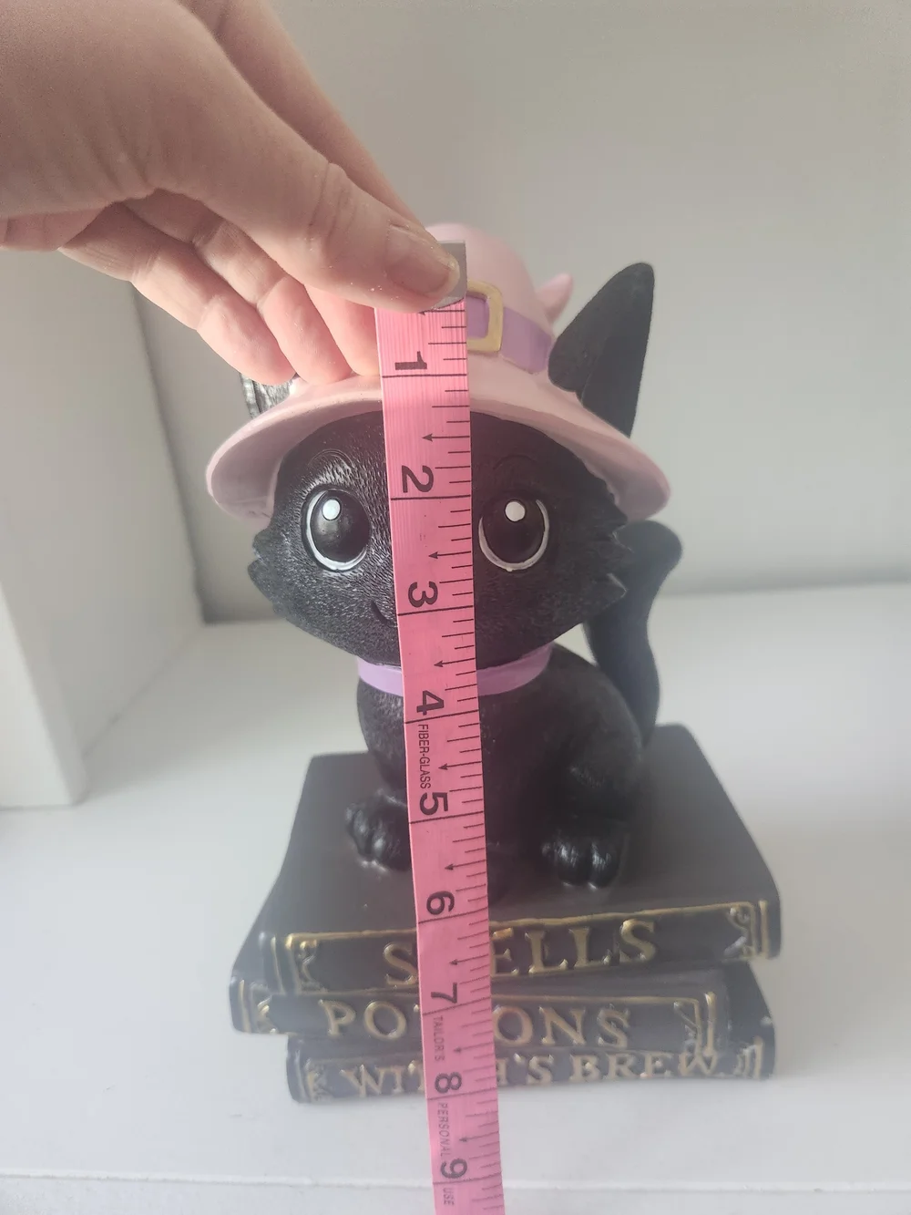 Black Cat Wearing Pink Witches Hat Sitting On Top Of Books Figuring